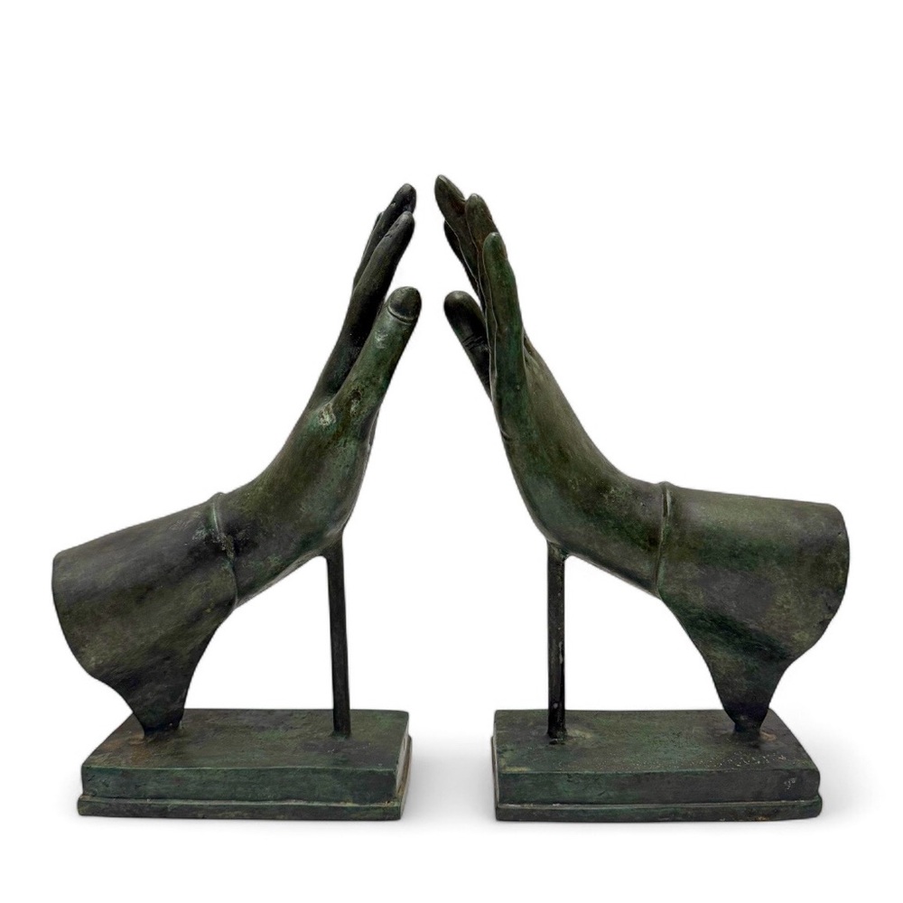 Vtg Pair of Bronzed Brass Buddha Figural Hands Bookends Sculptures Art Objects